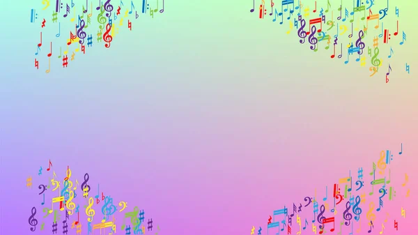 Contexte disco. Symbole de notes musicales colorées tombant sur fond d'hologramme. Many Random Falling Notes, Bass and, Treble Clef. Modèle vectoriel disco avec symboles musicaux. — Image vectorielle