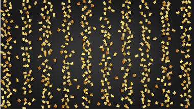 Altın Konfeti Kara Platforma Düşüyor. Evrensel Arka plan 'da Tatil Dekorasyonu. Şenlik Düzeni. Modern Modern Lüks Şablon. Birçok Altın Konfeti ile Vektör Arkaplanı.