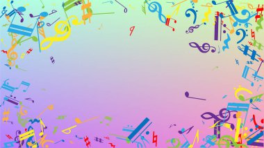 Disko arka planı. Renkli Müzik Notaları Sembolü Hologram Arkaplanına Düşüyor. Rastgele Düşen Notalar, Bas ve Üçlü Anahtar. Müzikal Sembollü Disko Vektör Şablonu.