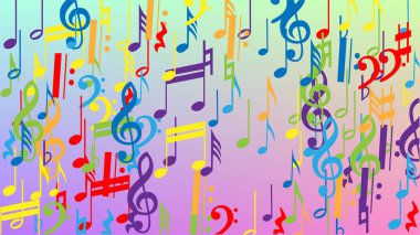 Disko arka planı. Bir sürü rasgele Düşen Notalar, Bas ve G Clef. Renkli Müzik Notaları Sembolü Hologram Arkaplanına Düşüyor. Müzikal Sembollü Disko Vektör Şablonu.