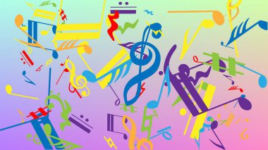 Disko arka planı. Renkli Müzik Notaları Sembolü Hologram Arkaplanına Düşüyor. Bir sürü rasgele Düşen Notalar, Bas ve G Clef. Müzikal Sembollü Disko Vektör Şablonu.