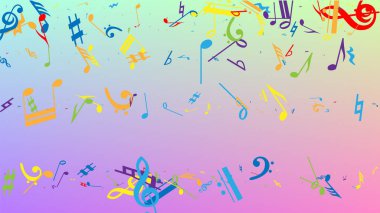 Disko arka planı. Rastgele Düşen Notalar, Bas ve Üçlü Anahtar. Renkli Müzik Notaları Sembolü Hologram Arkaplanına Düşüyor. Müzikal Sembollü Disko Vektör Şablonu.