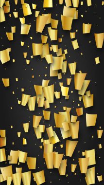 Altın Konfeti Kara Platforma Düşüyor. Şenlik Düzeni. Modern Modern Lüks Şablon. Evrensel Arka plan 'da Tatil Dekorasyonu. Birçok Altın Konfeti ile Vektör Arkaplanı.