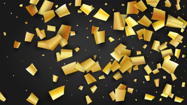 Altın Konfeti Kara Platforma Düşüyor. Evrensel Arka plan 'da Tatil Dekorasyonu. Modern Modern Lüks Şablon. Şenlik Düzeni. Birçok Altın Konfeti ile Vektör Arkaplanı.