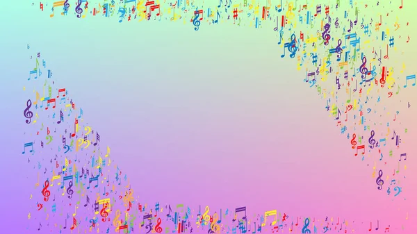 Disco achtergrond. Veel Random Falling Notes, Bass en, Treble Clef. Kleurrijke Musical Notes Symbool Vallen op Hologram Achtergrond. Disco vectorsjabloon met muzikale symbolen. — Stockvector