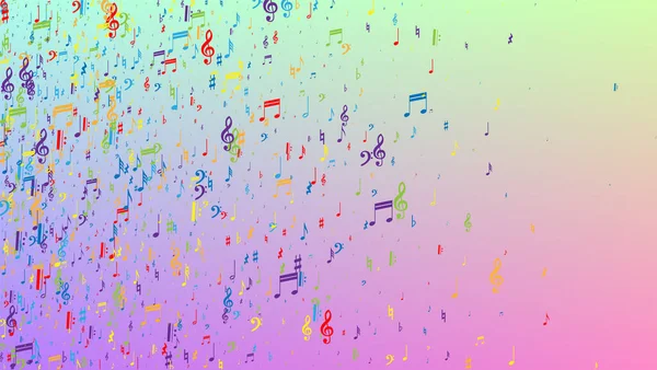 Disco achtergrond. Kleurrijke Musical Notes Symbool Vallen op Hologram Achtergrond. Veel Random Falling Notes, Bass en, G Clef. Disco vectorsjabloon met muzikale symbolen. — Stockvector