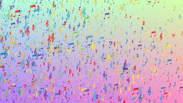 Disco de fundo. Muitos Random Falling Notes, Bass and, G Clef. Notas musicais coloridas Símbolo caindo no fundo do holograma. Modelo de Vetor de Disco com Símbolos Musicais. —  Vetores de Stock