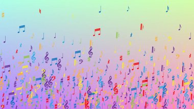 Disko arka planı. Renkli Müzik Notaları Sembolü Hologram Arkaplanına Düşüyor. Bir sürü rasgele Düşen Notalar, Bas ve G Clef. Müzikal Sembollü Disko Vektör Şablonu.