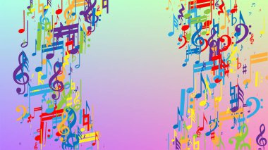 Disko arka planı. Bir sürü rasgele Düşen Notalar, Bas ve G Clef. Renkli Müzik Notaları Sembolü Hologram Arkaplanına Düşüyor. Müzikal Sembollü Disko Vektör Şablonu.