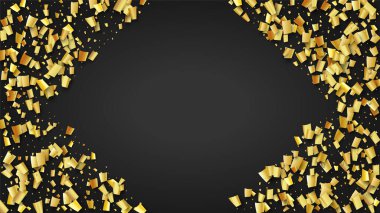 Altın Konfeti Kara Platforma Düşüyor. Şenlik Düzeni. Modern Modern Lüks Şablon. Evrensel Arka plan 'da Tatil Dekorasyonu. Birçok Altın Konfeti ile Vektör Arkaplanı.