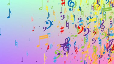 Disko arka planı. Bir sürü rasgele Düşen Notalar, Bas ve G Clef. Renkli Müzik Notaları Sembolü Hologram Arkaplanına Düşüyor. Müzikal Sembollü Disko Vektör Şablonu.