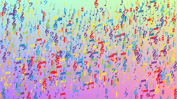 Disco achtergrond. Kleurrijke Musical Notes Symbool Vallen op Hologram Achtergrond. Veel Random Falling Notes, Bass en, G Clef. Disco vectorsjabloon met muzikale symbolen. — Stockvector
