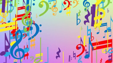 Disko arka planı. Renkli Müzik Notaları Sembolü Hologram Arkaplanına Düşüyor. Bir sürü rasgele Düşen Notalar, Bas ve G Clef. Müzikal Sembollü Disko Vektör Şablonu.