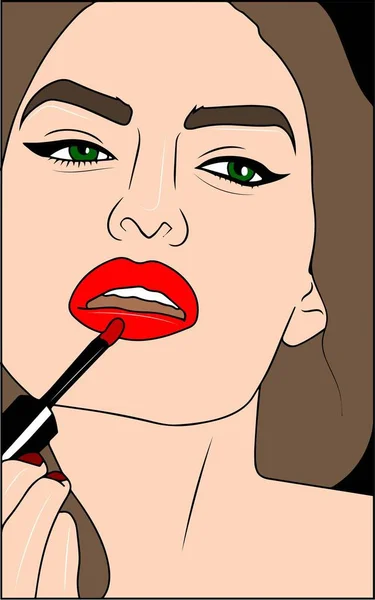 ベクトル漫画レトロ ポップなアート スタイルのカラフルな背景 女性の顔の化粧品 Appliying — ストックベクタ