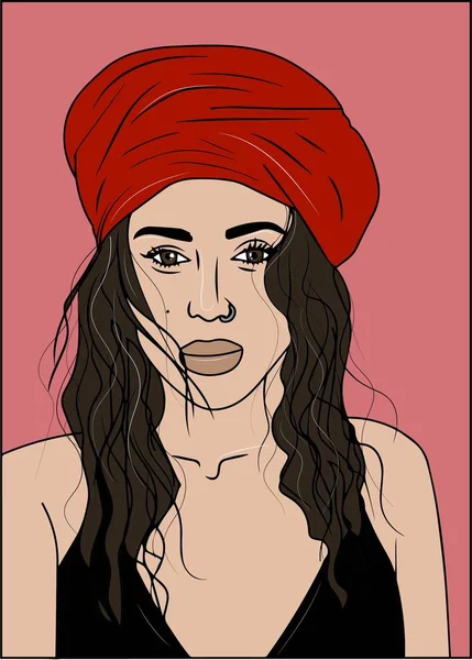 vektör çizim. pembe bir arka plan üzerinde kırmızı türban güzel kadın