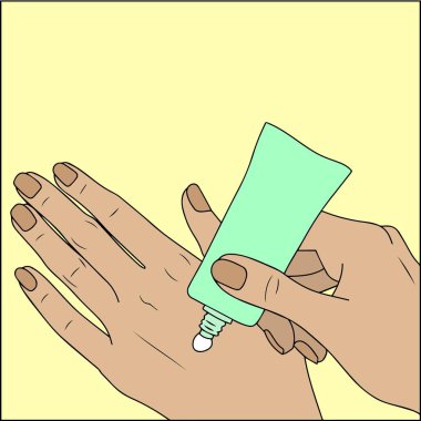 vektör çizim. Kadın sarı zemin üzerine eller için krem kullanın