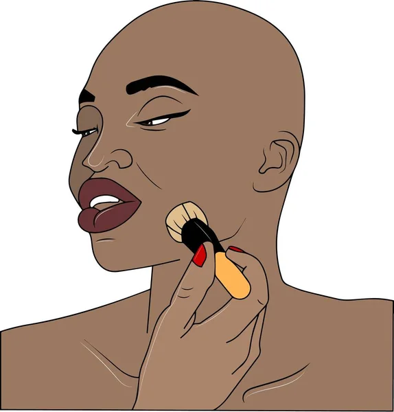 Pop art makyaj. Afrikalı seksi kalın kız closeup allık kullanın. Vektör renkli arka plan çizgi retro pop sanat tarzı. Kadın yüzü üzerinde kozmetik appliying.
