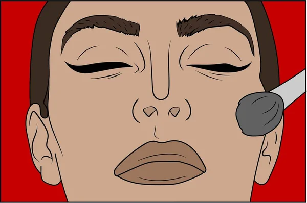 矢量插图 流行艺术化妆 特写的性感女孩使用的脸红 女性脸上的化妆品 Appliying — 图库矢量图片