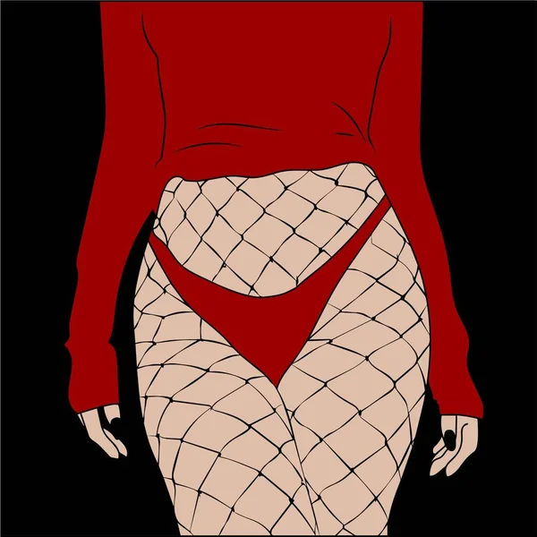 Vectorillustratie Sexy Vrouw Rode Lingetie Met Visnet Panty Zwart Backround — Stockvector