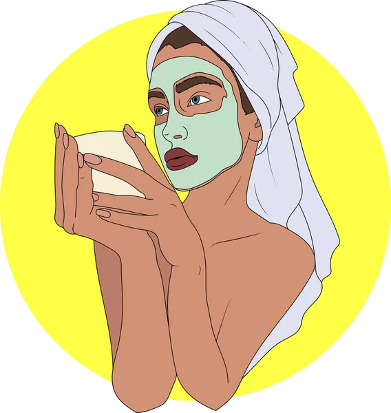 vektör çizim. Sarı zemin üzerine bir havlu yüzü maskeli bir kadınla