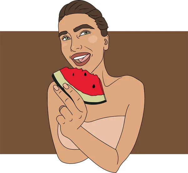 Illustration Vectorielle Femme Mangeant Pastèque — Image vectorielle