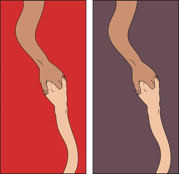 Illustrazione Vettoriale Due Mani Che Raggiungono Sfondo Rosso Viola — Vettoriale Stock