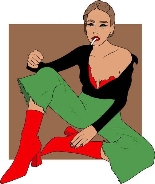 Illustration Vectorielle Femme Élégante Assise Fumée Sur Des Chaussures Rouges — Image vectorielle
