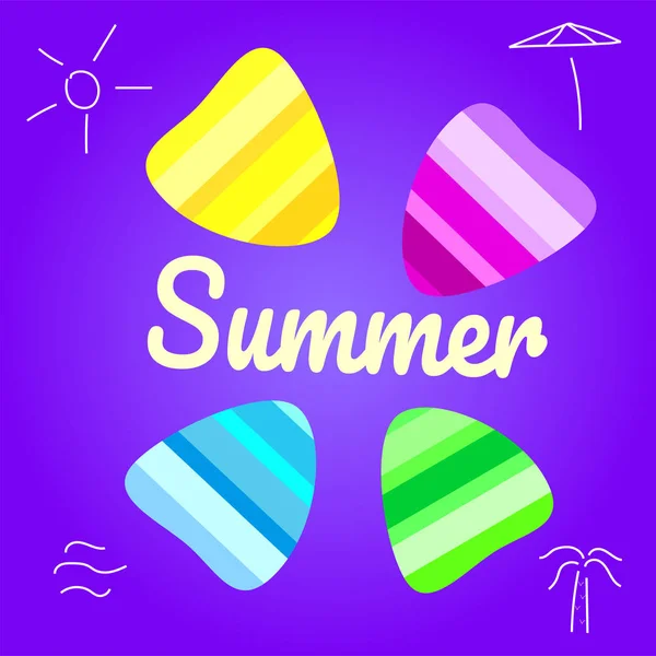 Sommer-Vektorhintergrund mit Muschelelementen. sommerlich bunte Muscheln vor violettem Hintergrund. Sommerillustration — Stockvektor