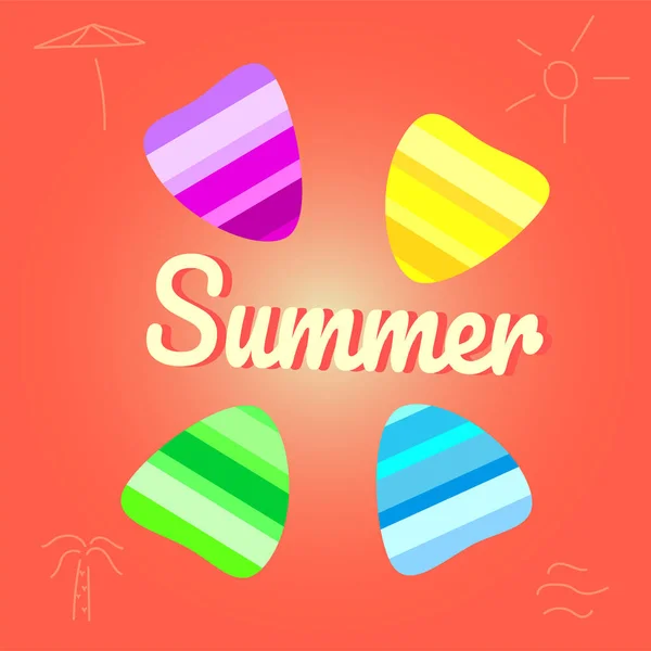 Fundo de vetor de verão com elementos de concha. Conchas coloridas de verão no fundo do pêssego. Ilustração de verão — Vetor de Stock