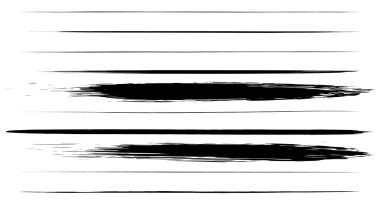 Bir dizi grunge siyah boya, mürekkep fırçası darbeleri. Fırça darbeleri koleksiyonu. Kirli grunge sanatsal tasarım elementleri, arka plan, doku, fırçalar