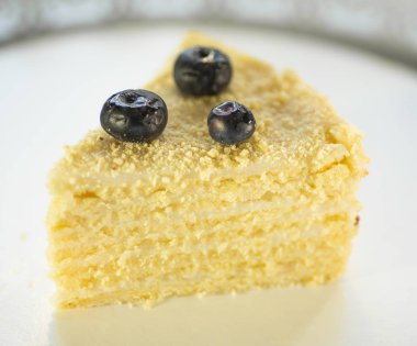 Beyaz arka planda bir tabakta üçgen şeklinde bir pasta.