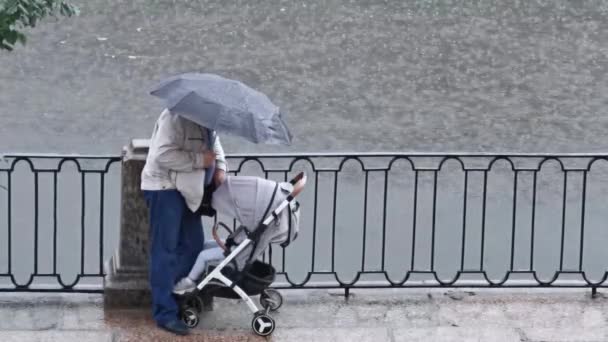 Man Stands Rain Umbrella River Embankment Child Stroller — Stock Video