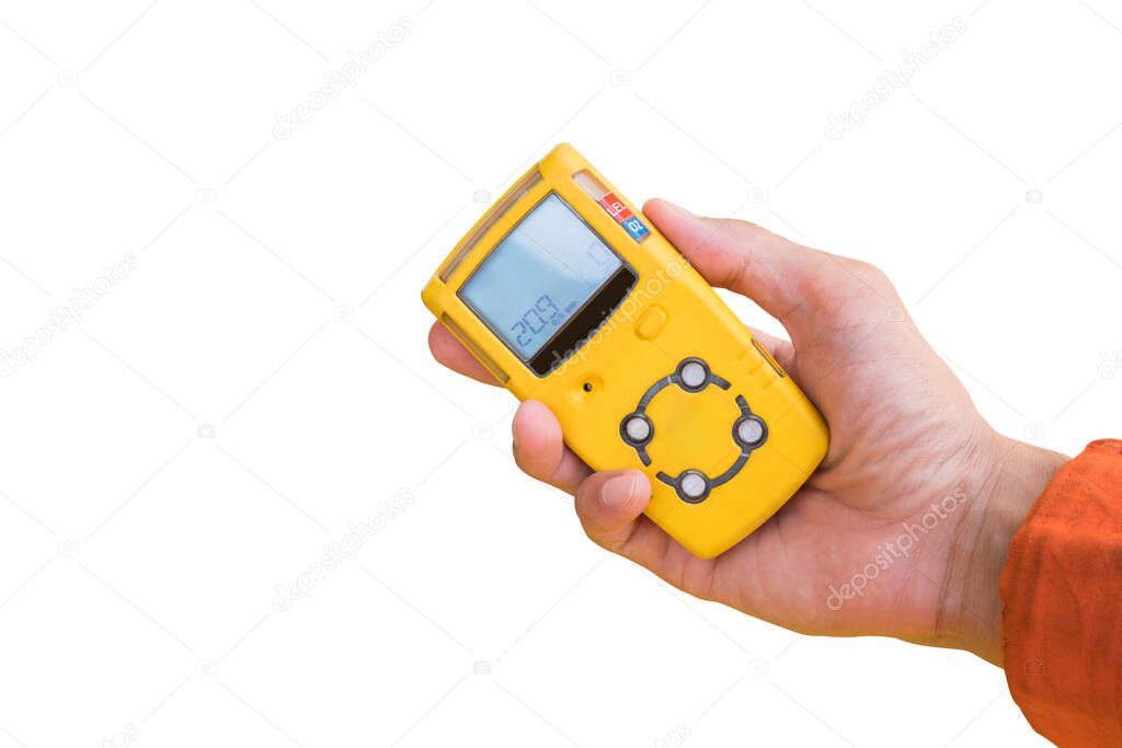 Hand hold gas detector for check gas leak isolate on white.