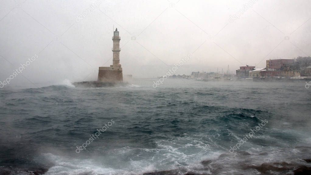 The lighthouse at the Venecian harbour of Chania, Crete