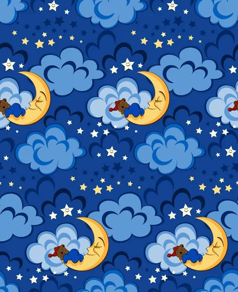 Seamless baby pattern with cartoon bear, moon and sky.