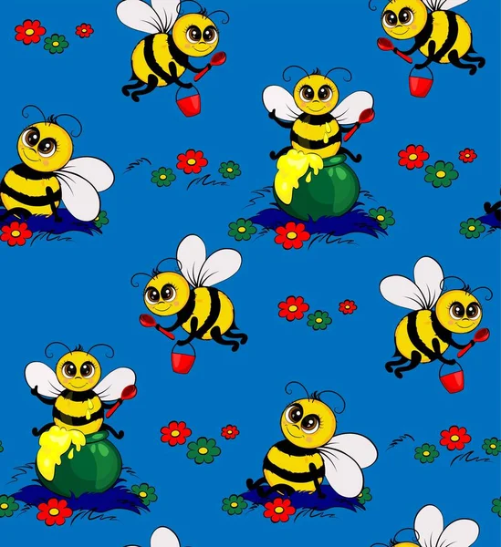 Le api divertenti raccolgono il nettare. Modello senza cuciture. — Vettoriale Stock