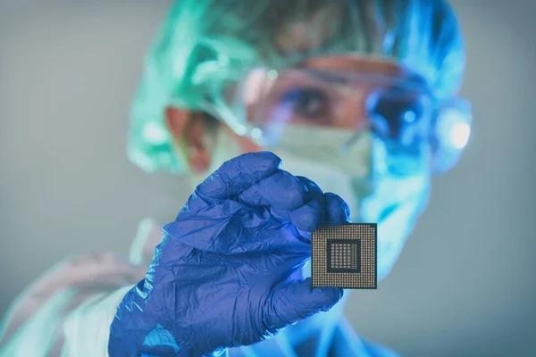 Engineer Working Laboratory Wearing Special Uniform Protective Gloves Holds New — Stock Photo, Image