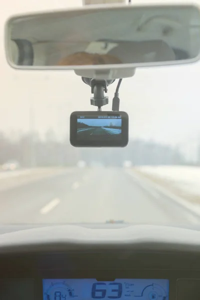 Gebruik Van Dashboardcamera Continu Een Weergave Door Voorruit Van Een — Stockfoto