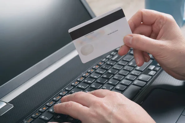 Woman Hand Holding Credit Card Notebook Using Pay Online Concept — Stock Photo, Image