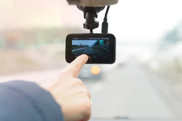 Gebruik Van Dashboardcamera Continu Een Weergave Door Voorruit Van Een — Stockfoto