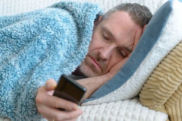 Mature Man Suffering Depression Lies Sadly Covered Blanket His Bed — Stock Photo, Image