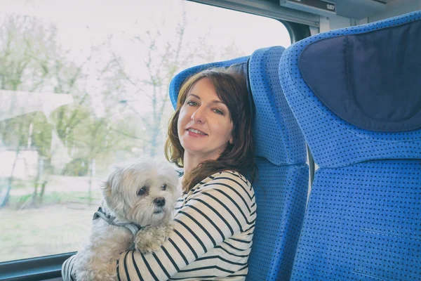 Собака едет на поезде со своим хозяином — стоковое фото