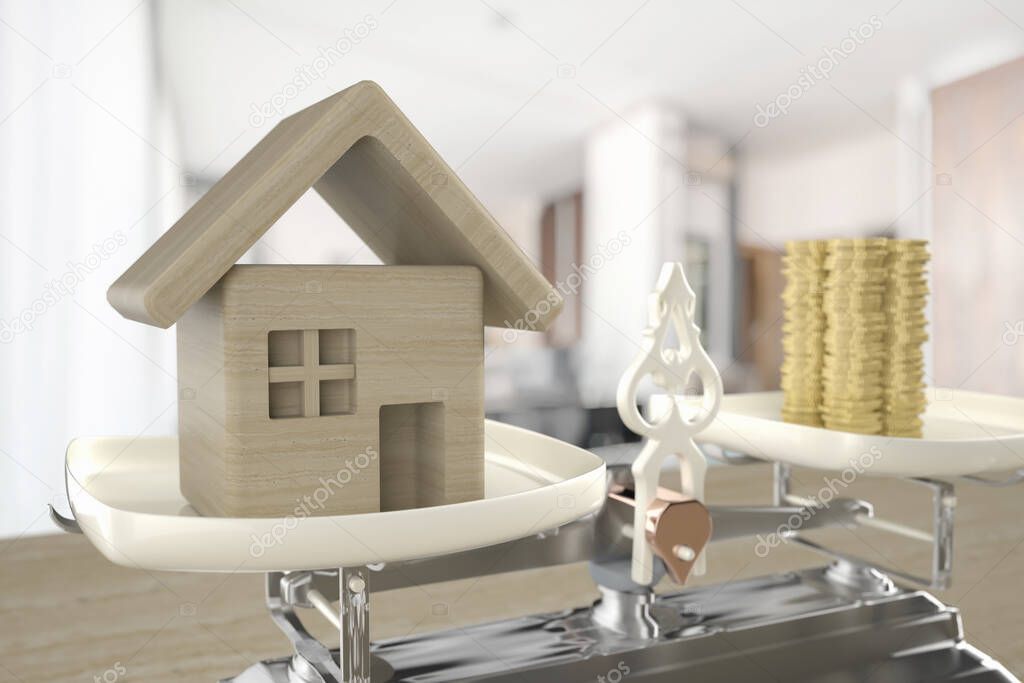 House and coins on the scale as an illustration of a home loan and other real estate expenses. 3d illustration