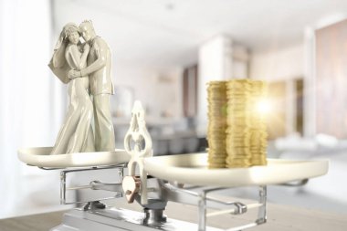 Heykeltraş genç karı koca terazide duruyorlar, madeni paralar terazinin karşı tarafında yatıyor.