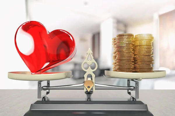 Ζυγαριά Ισορροπίας Καρδιά Και Χρήμα Και Στις Δύο Πλευρές Έννοια — Φωτογραφία Αρχείου