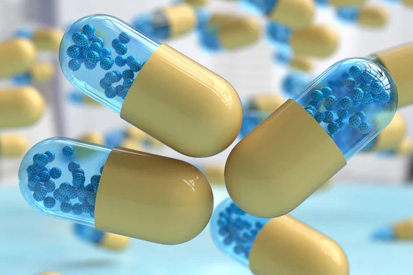 Falling Capsules Drug Nicely Blurred Background Illustration Concept — Stock Photo, Image