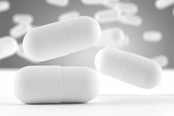 Falling White Capsules Drug Nicely Blurred Background Illustration Concept — Stock Photo, Image