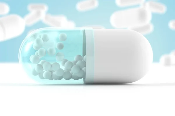 背景がよくぼやけている薬剤とホワイトブルーのカプセル 3Dイラストコンセプト — ストック写真
