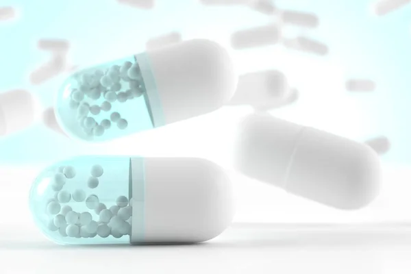 Falling White Blue Capsules Drug Nicely Blurred Background Illustration Concept — Stock Photo, Image