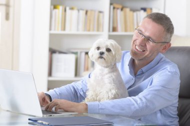 Adam evde çalışıyor ve küçük köpeğini tutuyor..